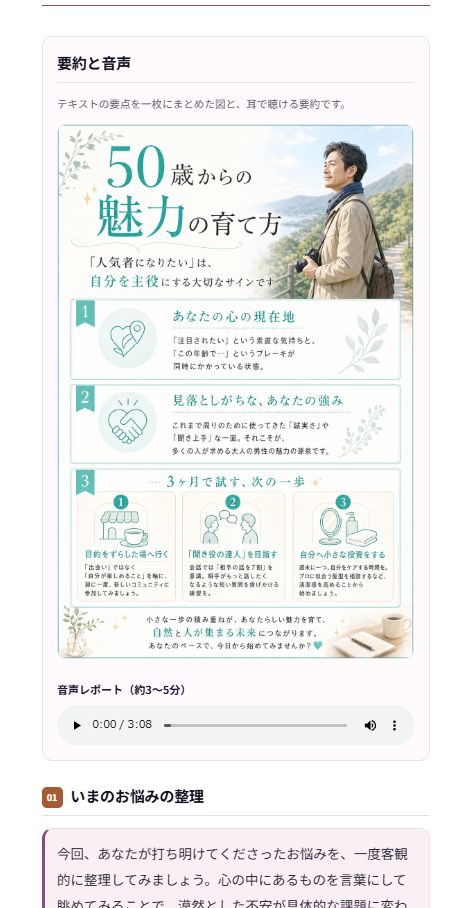 要約インフォグラフィックと音声プレーヤー、テキストレポートの出力例（1）
