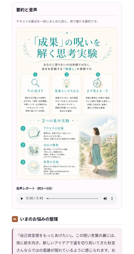 要約インフォグラフィックと音声プレーヤー、テキストレポートの出力例（2）
