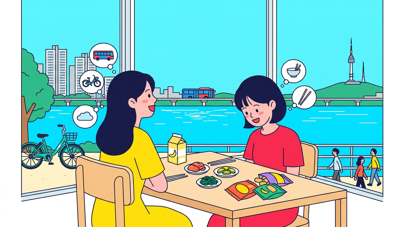 ソウルのカフェで、空の話と食卓の話が分かれるイラスト