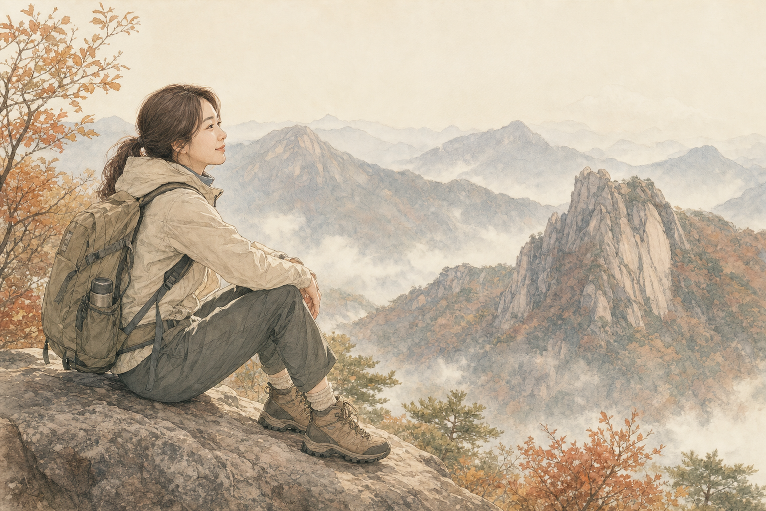 巨大な山脈を越える登山家(無料適性検査イラスト)