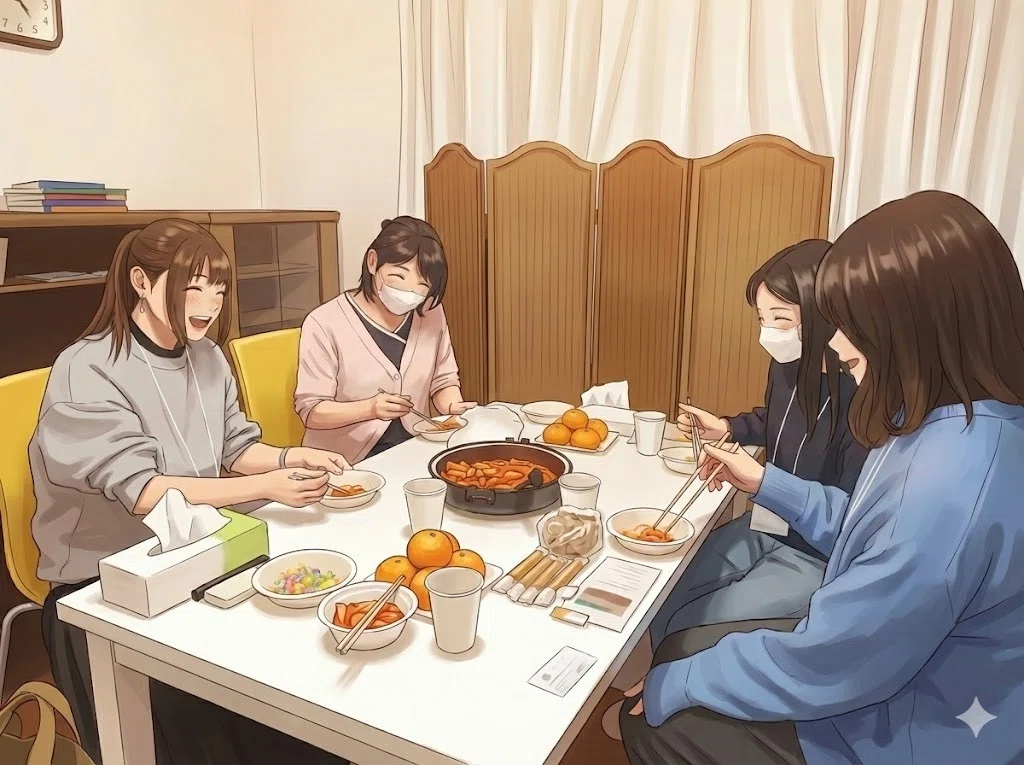 第1回交流会。トッポギを囲んで話す絵